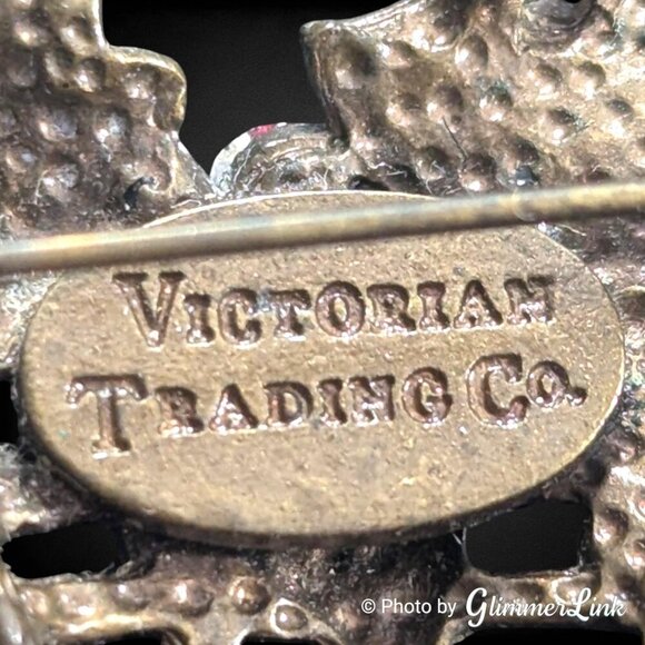 Vintage Victorian Trading Co Flower Basket Rhinestone Dark Brass Tone Brooch Pin - Picture 6 of 9